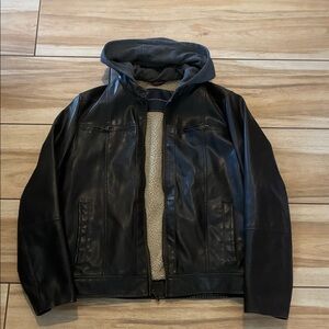 Tommy Hilfiger Black/brown vegan Leather Jacket with Gray Hood